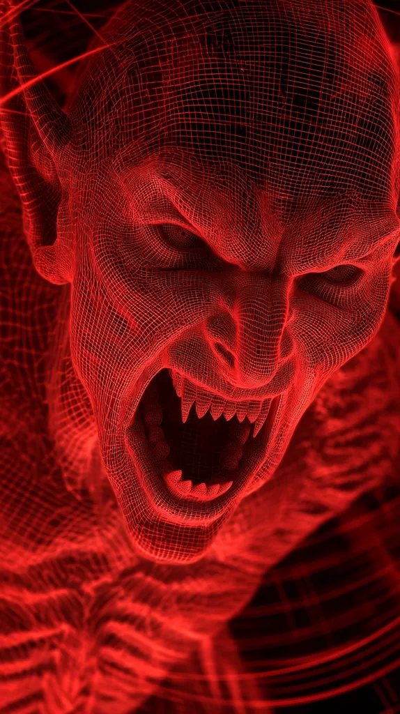 A menacing, demonic face is depicted in a wireframe style, rendered in vibrant red.  The creature's sharp teeth are bared in a ferocious snarl, its eyes glowing with malevolent intensity.  The red wireframe gives the impression of a digital construct, or a being from a virtual world.  The overall effect is one of terrifying digital horror.