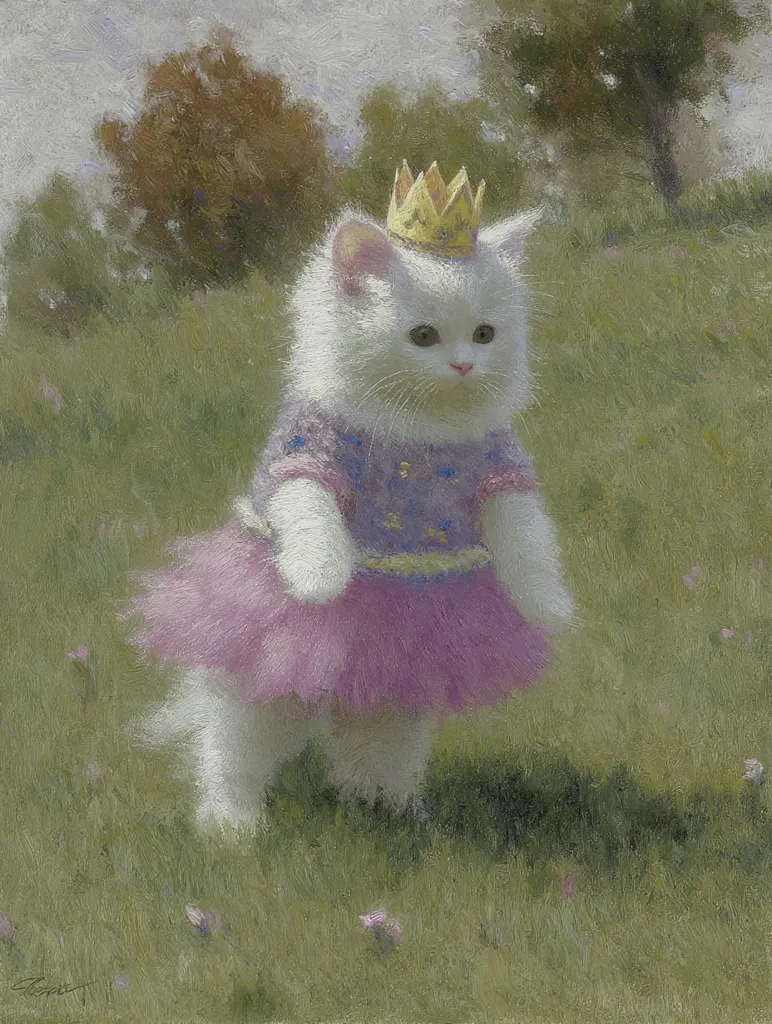 A charming painting depicts a fluffy white kitten adorned in a lavender sweater and a delicate pink tutu.  A tiny golden crown rests atop its head.  The kitten stands in a grassy field, under a slightly overcast sky, with trees in the background. The style is soft and impressionistic, emphasizing the kitten's regal yet innocent demeanor.
