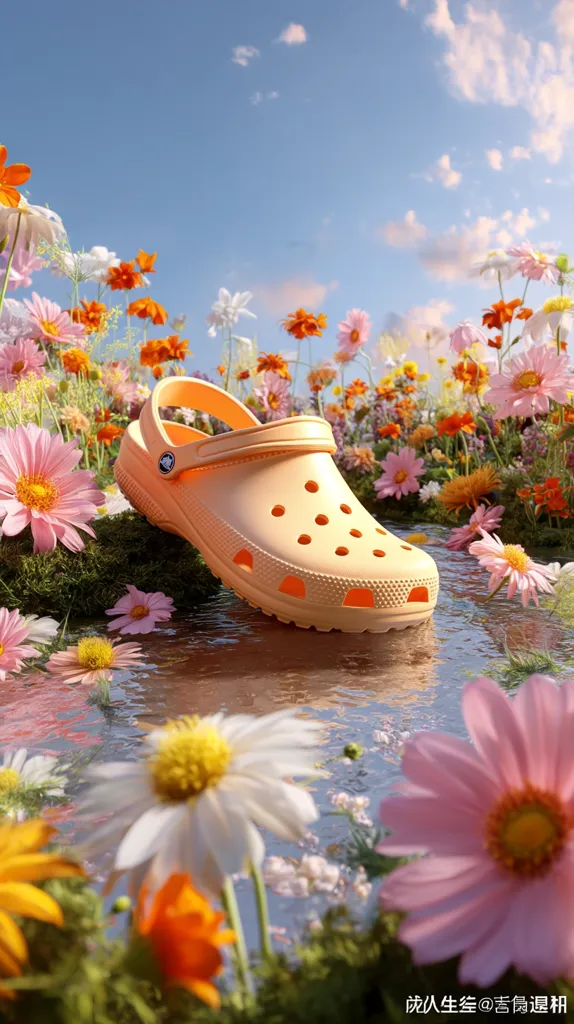A pastel orange Croc sits nestled in a vibrant field of wildflowers.  The shoe rests partially submerged in a shallow, reflective pool of water, surrounded by daisies, cosmos, and other colorful blooms under a clear blue sky.  The scene is idyllic and evokes a feeling of springtime freshness and tranquility.