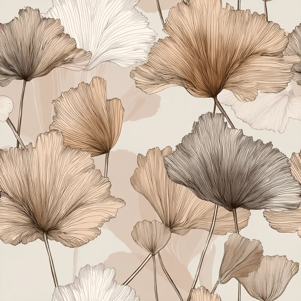 A seamless pattern featuring stylized ginkgo biloba leaves in various shades of beige and brown.  The leaves are intricately detailed with fine lines, creating a delicate and elegant botanical design.  The background is a soft, muted beige, allowing the leaves to stand out. The overall aesthetic is calm, sophisticated, and nature-inspired.