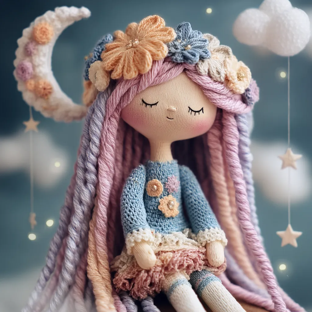 A handcrafted doll, adorned with a crocheted floral crown and long, pastel-colored yarn hair, sits serenely.  She wears a light blue crocheted sweater and a delicate pink skirt, resembling a whimsical moon fairy. A crocheted crescent moon and twinkling stars form a magical backdrop. The doll's closed eyes and peaceful expression enhance its dreamy, enchanting quality.