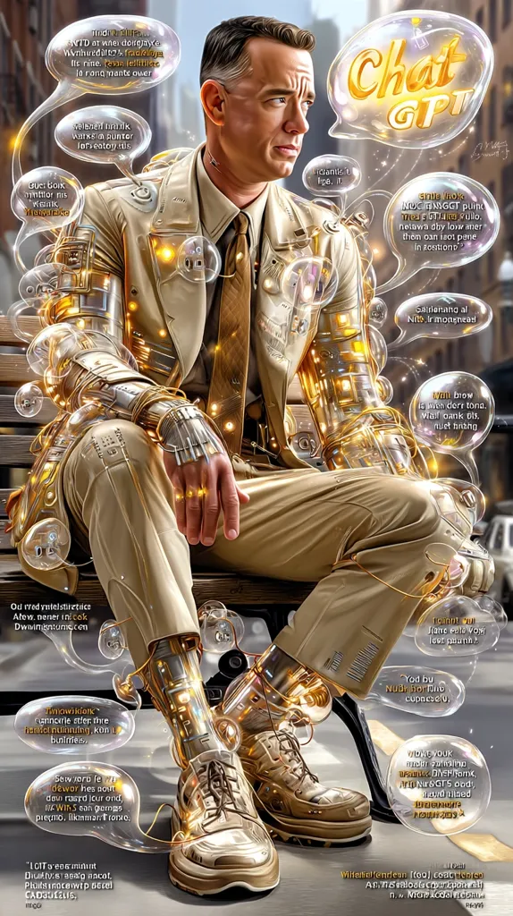 A stylized digital portrait of Tom Hanks, seemingly integrated with robotic components.  The image is rich in detail, showing gold-toned mechanical enhancements to his arms and legs. Speech bubbles surrounding him contain various text, possibly referencing AI or ChatGPT. The overall aesthetic is a blend of realism and futuristic science fiction.