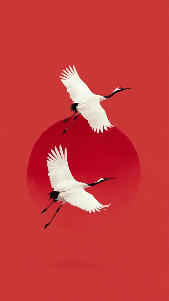Two elegant white cranes with black wingtips gracefully fly against a vibrant red backdrop.  A stylized red circle, reminiscent of a rising sun, is positioned behind the birds, enhancing the image's minimalist aesthetic.  The composition evokes a sense of serenity and traditional Japanese art.