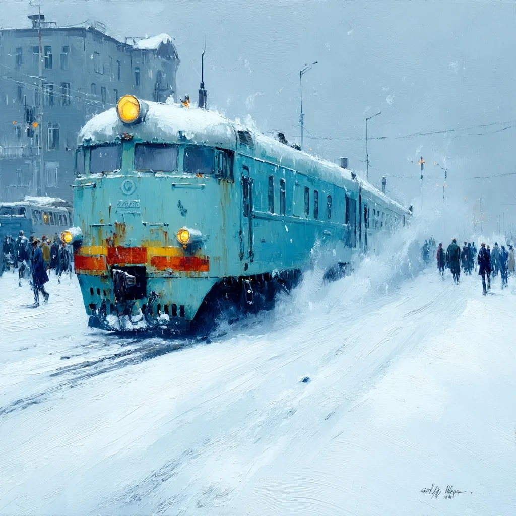 A teal passenger train, covered in snow, moves through a snowy city street.  People bundled in winter coats stand on the snowy sidewalks, watching the train pass.  Buildings line the street, also dusted with snow. The scene is painted with a loose, impressionistic style, emphasizing the cold and movement of the winter day.  The overall mood is quiet and slightly melancholic.