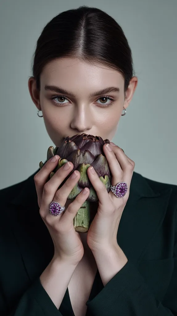 A young woman with dark hair pulled back, wearing a dark green blazer and delicate silver hoop earrings, holds a fresh artichoke to her face.  Her hands are adorned with two prominent rings featuring clusters of purple gemstones. The overall aesthetic is sophisticated and subtly contrasts the natural artichoke with elegant jewelry. The background is a muted, neutral tone.