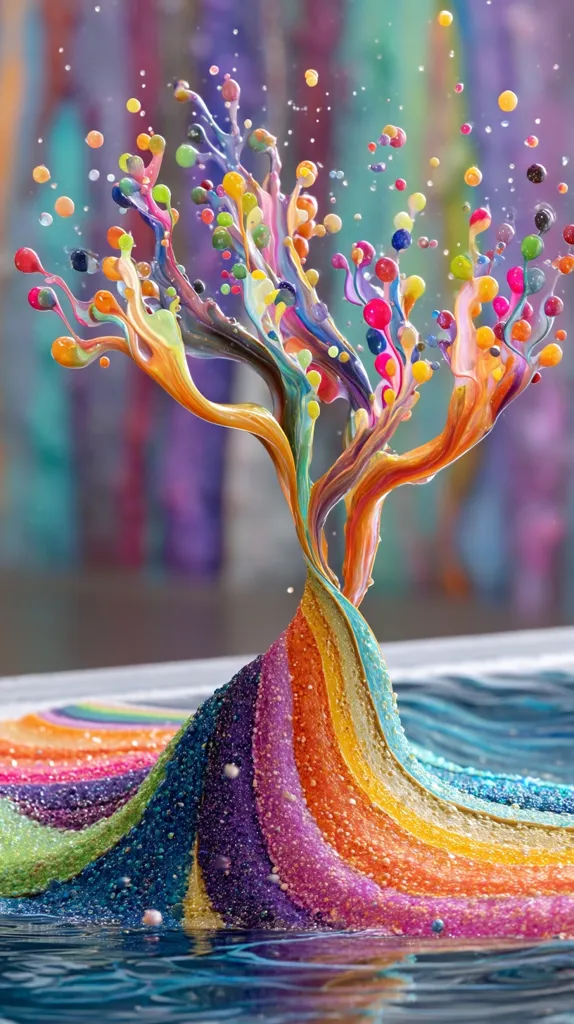 A vibrant, colorful explosion of paint resembles a whimsical tree.  Multi-hued droplets and streams form branches, culminating in a rainbow-striped, textured base that spills onto a dark blue surface. The overall effect is one of dynamic energy and artistic expression, with the bright colors popping against the background.