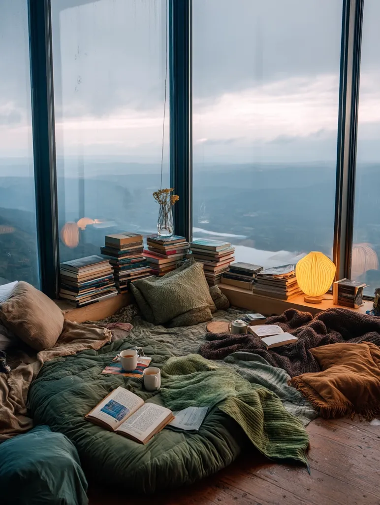 A cozy reading nook nestled in a window seat offers breathtaking panoramic views.  A circular cushion, draped with blankets, provides comfortable seating.  Stacks of books surround the area, accompanied by two mugs, an open book, and a soft lamp.  The serene atmosphere is enhanced by muted earth tones and the calming natural light.
