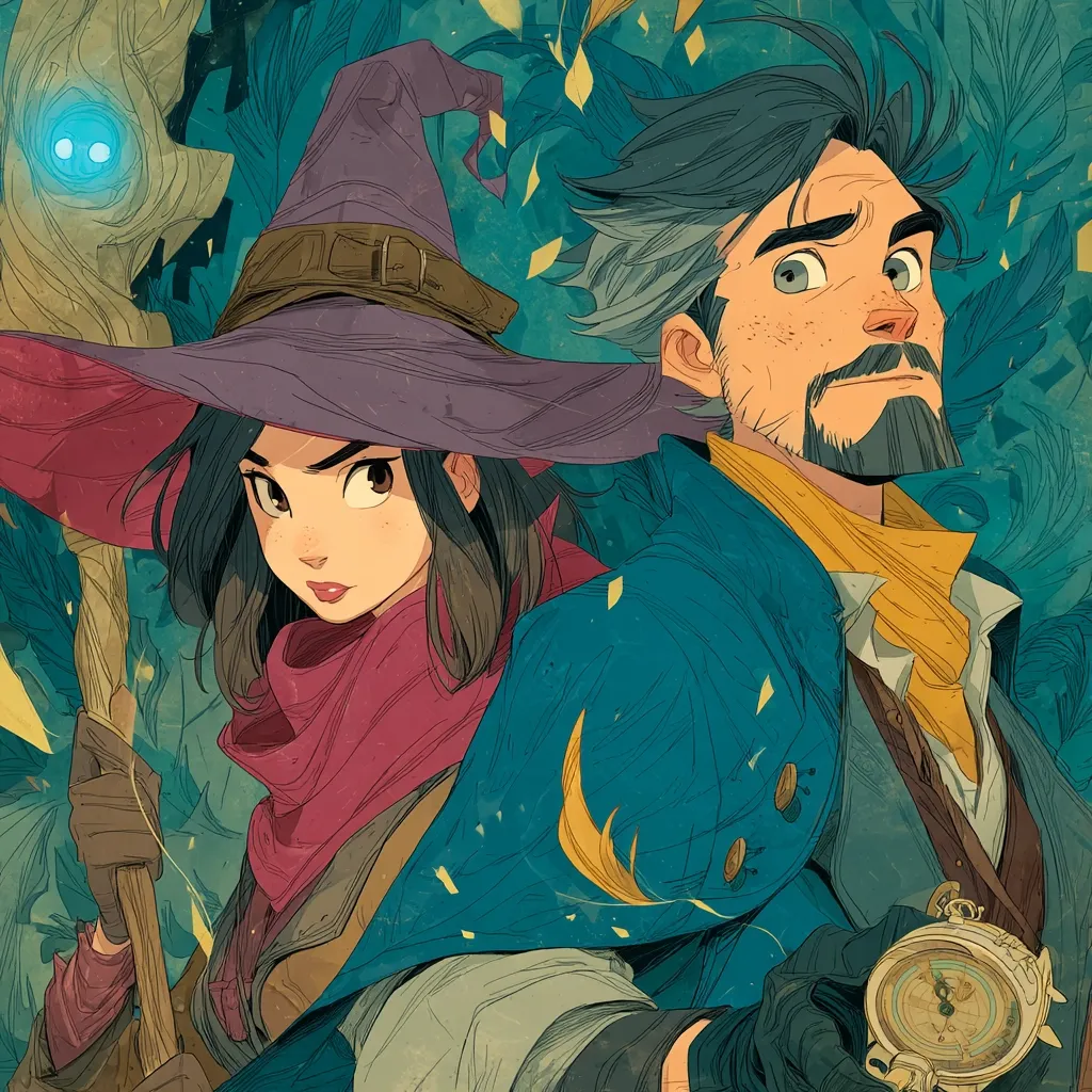 A stylized illustration depicts a young witch, clad in a purple hat and maroon scarf, holding a glowing staff.  Beside her stands a bearded man, his teal coat adorned with a yellow feather, clutching a compass.  Their expressions are serious, suggesting a shared adventure. The background is a swirling blend of teal and gold, hinting at a mystical forest setting. The art style is reminiscent of fantasy book covers or game art.
