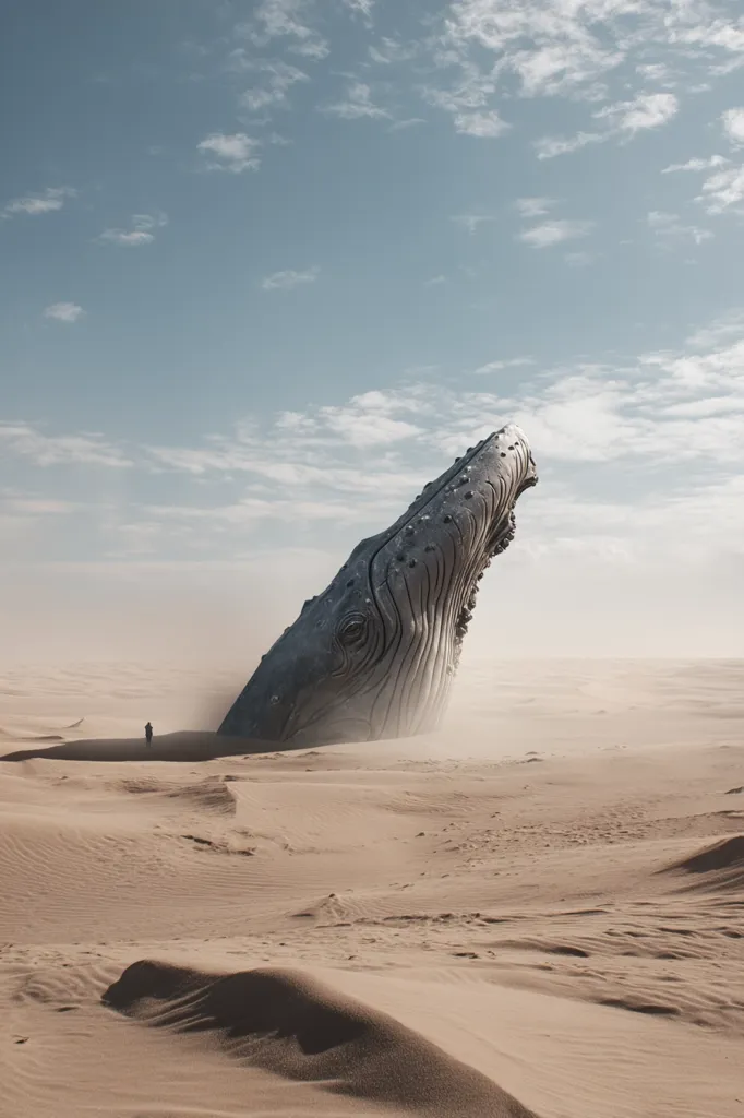 A colossal, whale-shaped sculpture, seemingly metallic and weathered, is half-buried in a vast, sandy desert under a pale sky.  A lone figure stands in the distance, dwarfed by the immense structure.  The scene evokes a sense of isolation and the juxtaposition of nature and artificiality in a desolate, surreal landscape.  Windblown sand obscures the lower parts of the sculpture, adding to the mysterious and awe-inspiring effect.