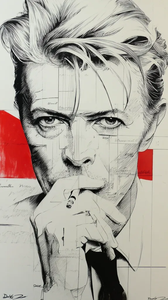 A striking black and white portrait of David Bowie, rendered in a dynamic, almost architectural style.  Intricate linework defines his iconic features and hair, overlaid with a grid-like structure and red accents.  The style suggests a deconstructed approach, revealing layers of artistic process.  A pencil or cigarette is held thoughtfully to his lips, adding to the contemplative mood.