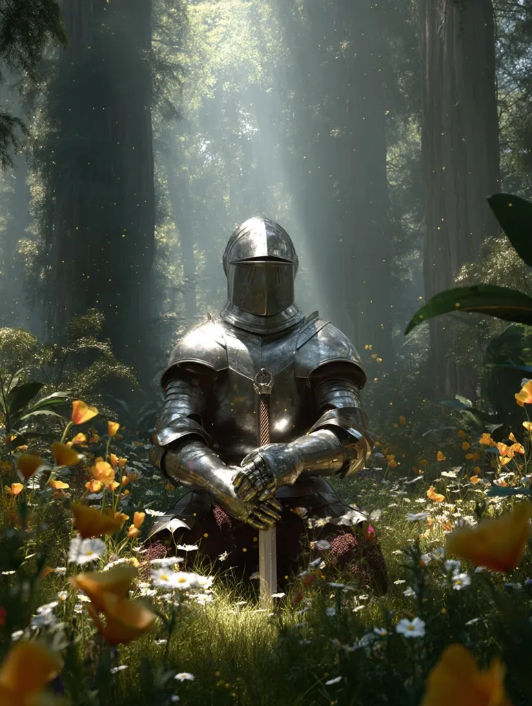 A knight in full plate armor sits in a sun-dappled forest clearing, his hands clasped around the hilt of his sword.  Wildflowers bloom around him, creating a peaceful yet striking contrast to the warrior's formidable presence.  Sunlight streams through the tall trees, illuminating the scene with a magical, ethereal quality.  The image evokes a sense of quiet strength and contemplation.