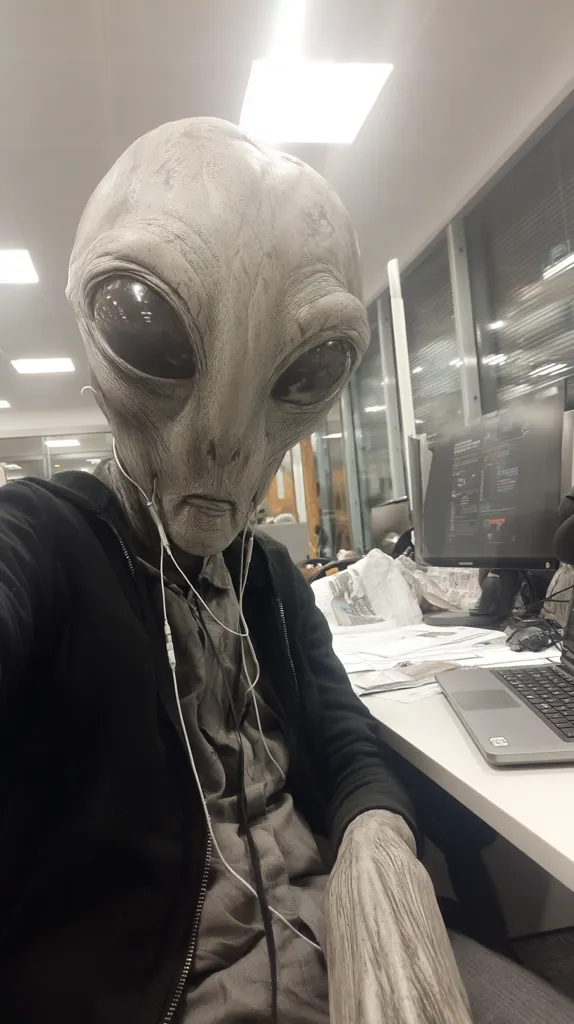 A person wearing a gray alien mask sits at a desk in an office.  They are wearing a dark gray hoodie and have earbuds in. A laptop and papers are on the desk. The office has fluorescent lighting and large windows. The image is a selfie-style shot, focused on the mask.