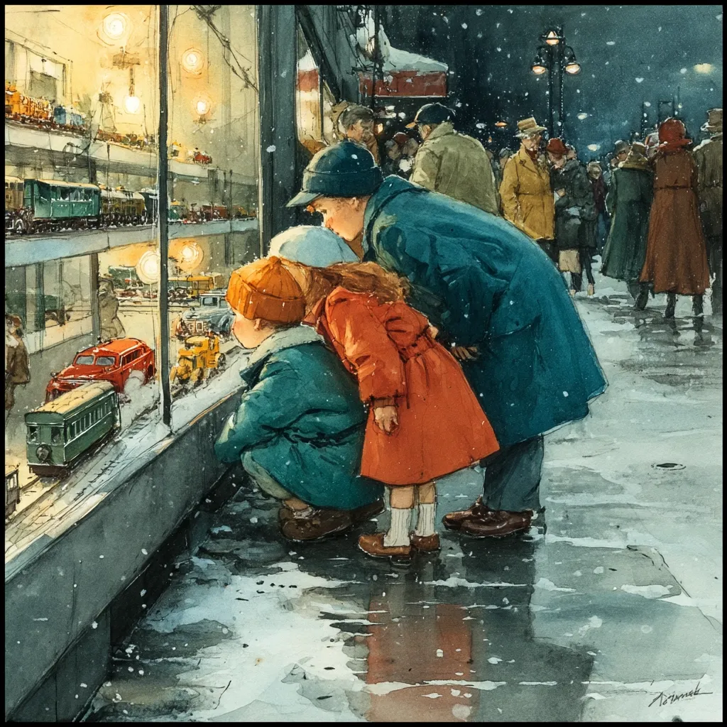 Three children, bundled in winter coats, gaze intently at a captivating model train display in a shop window.  Snow falls softly on the bustling city street behind them, where adults pass by, wrapped in their own winter attire. The scene is painted in a charming, nostalgic style, capturing the magic of a winter evening and the simple joy of childhood wonder.