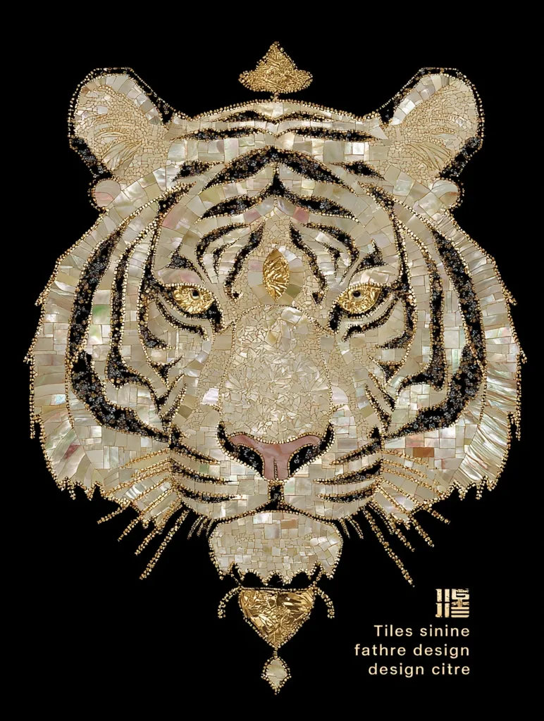 A stunning mosaic artwork depicts the head of a white tiger.  The image is meticulously crafted from small, iridescent tiles in shades of white, gold, and black, creating a detailed and textured effect.  Gold accents add a regal touch, particularly in the tiger's crown and a pendant below. The piece is set against a black background, enhancing the vibrancy of the colors. The artist's signature and details are subtly placed below.