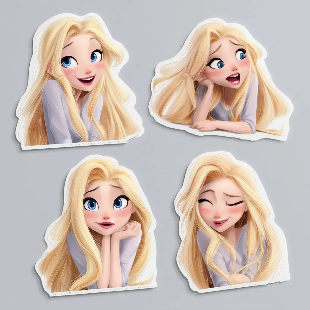 Four stickers feature a stylized blonde girl with large blue eyes, showcasing different expressions.  One is surprised, another is playful, a third is shy and contemplative, and the last winks mischievously.  The art style is digitally painted, with smooth lines and soft coloring, giving a charming and whimsical feel.  Each sticker presents the girl from the shoulders up, with her long blonde hair flowing around her.