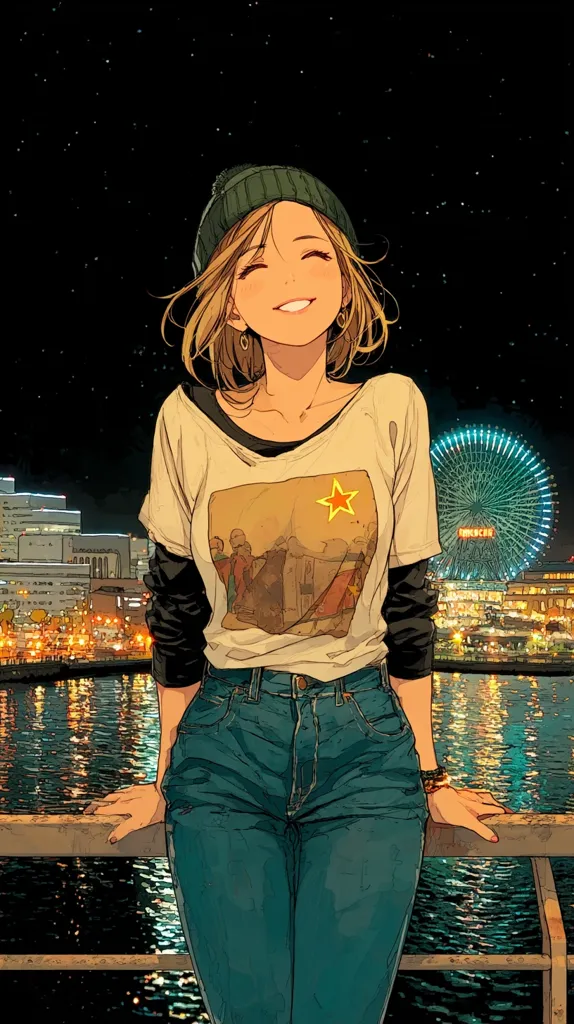 A smiling anime girl, wearing a green beanie, beige t-shirt with a graphic design, and blue jeans, leans on a railing overlooking a nighttime cityscape.  A Ferris wheel glows brightly in the background, reflecting in the dark water.  The scene is peaceful and evokes a feeling of contentment. The art style is detailed and vibrant.