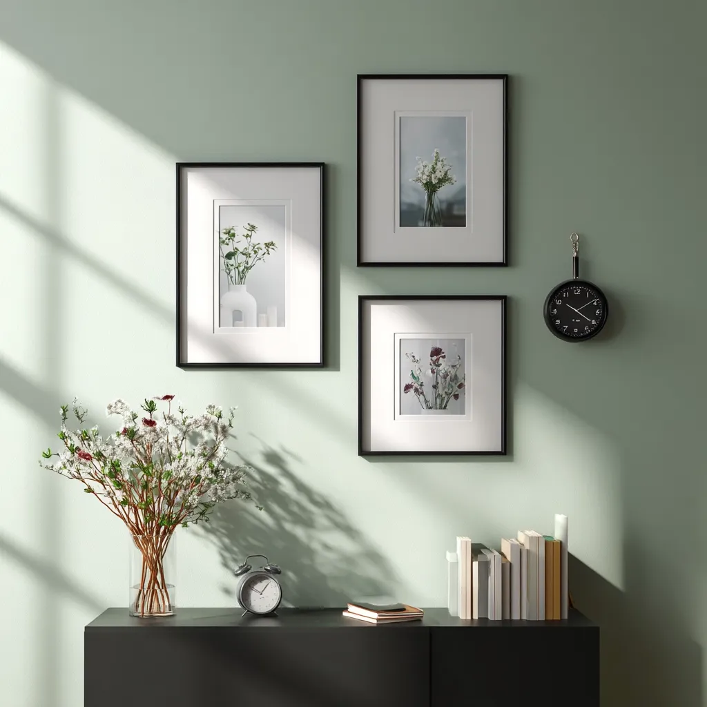 A minimalist living space features a sage green wall adorned with three black framed botanical prints.  Sunlight streams through a window, casting shadows. Below, a black console table holds a vase of white flowers, an alarm clock, a notebook, and a stack of books. A black wall clock hangs subtly to the right. The overall aesthetic is calm and serene, reflecting a modern, nature-inspired design.