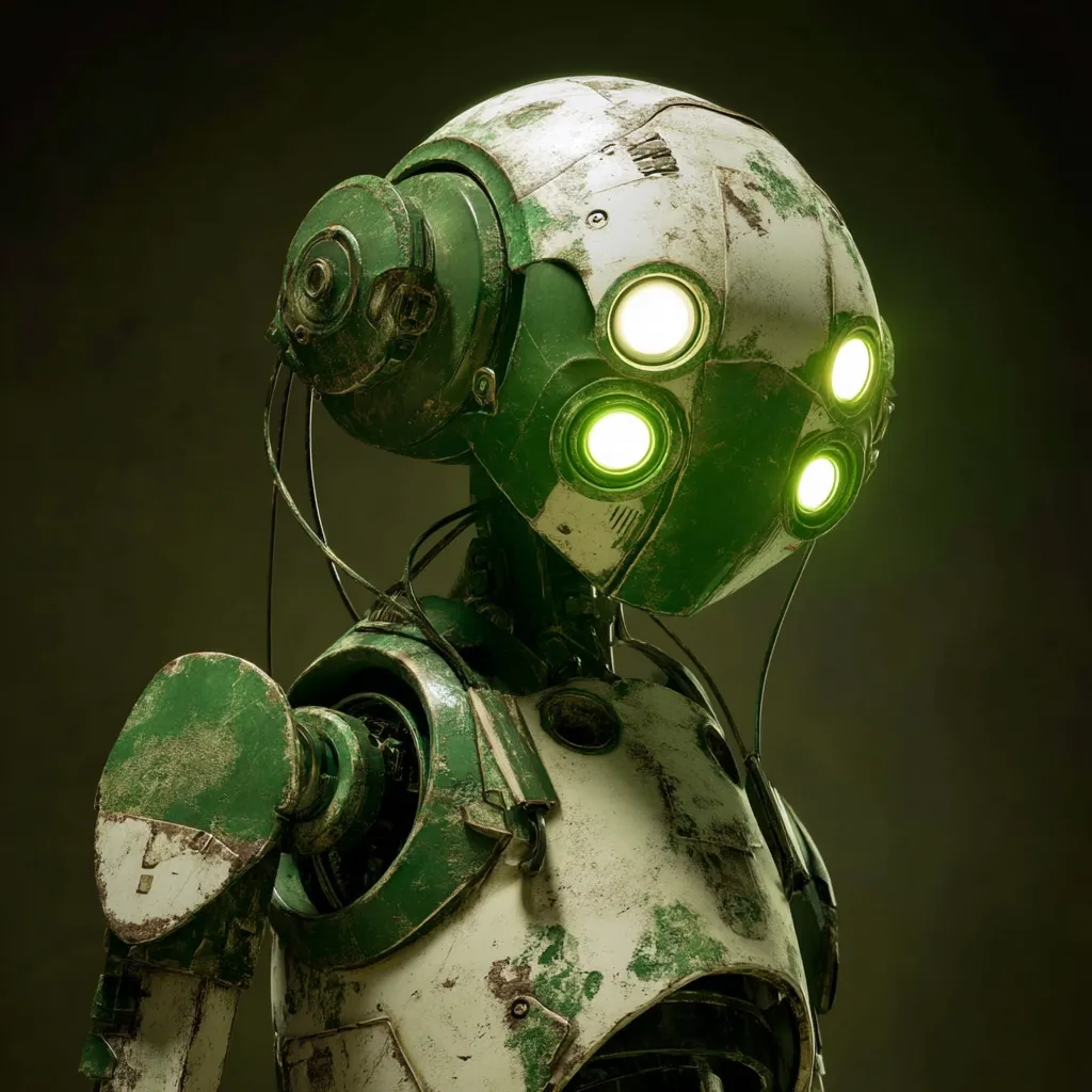 A weathered, green and white robot with a rounded head is depicted.  Its head features four glowing green lights, and it has a distressed, aged appearance suggesting a post-apocalyptic or retro-futuristic setting. The robot's design is simplistic yet detailed, showcasing mechanical joints and wiring. The overall tone is dark and moody.