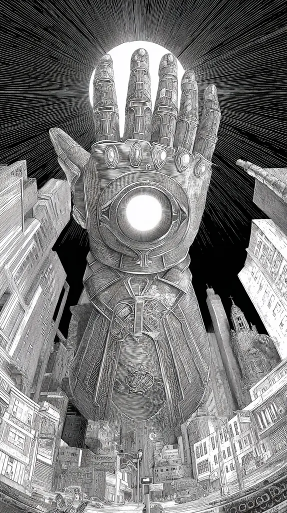 A detailed, monochromatic illustration depicts a colossal, mechanized hand looming over a city.  The hand, intricately detailed with gears and mechanisms, resembles Thanos' Infinity Gauntlet.  The city below is rendered in a similar meticulously detailed style, creating a dramatic contrast between the immense power above and the vulnerable city beneath. The overall effect is one of awe and impending doom.