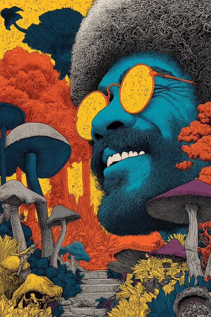 A vibrant psychedelic illustration features a smiling, blue-skinned man with an afro and round sunglasses. He's surrounded by a lush, fantastical forest teeming with oversized mushrooms in various colors and textures.  A stone staircase winds into the depths of this surreal landscape, which is rendered in intricate linework and bold color contrasts of orange, yellow, and teal. The overall style is reminiscent of vintage posters and fantasy art.