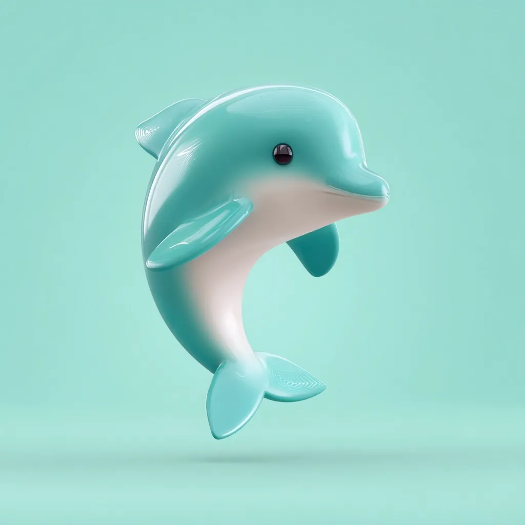 A stylized, light teal dolphin leaps against a matching mint green background.  The dolphin is rendered in a smooth, almost glossy, 3D style with simplified features, giving it a cute and playful appearance. Its body is predominantly teal, with a lighter underbelly, and small, dark eyes. The image is clean and minimalist.