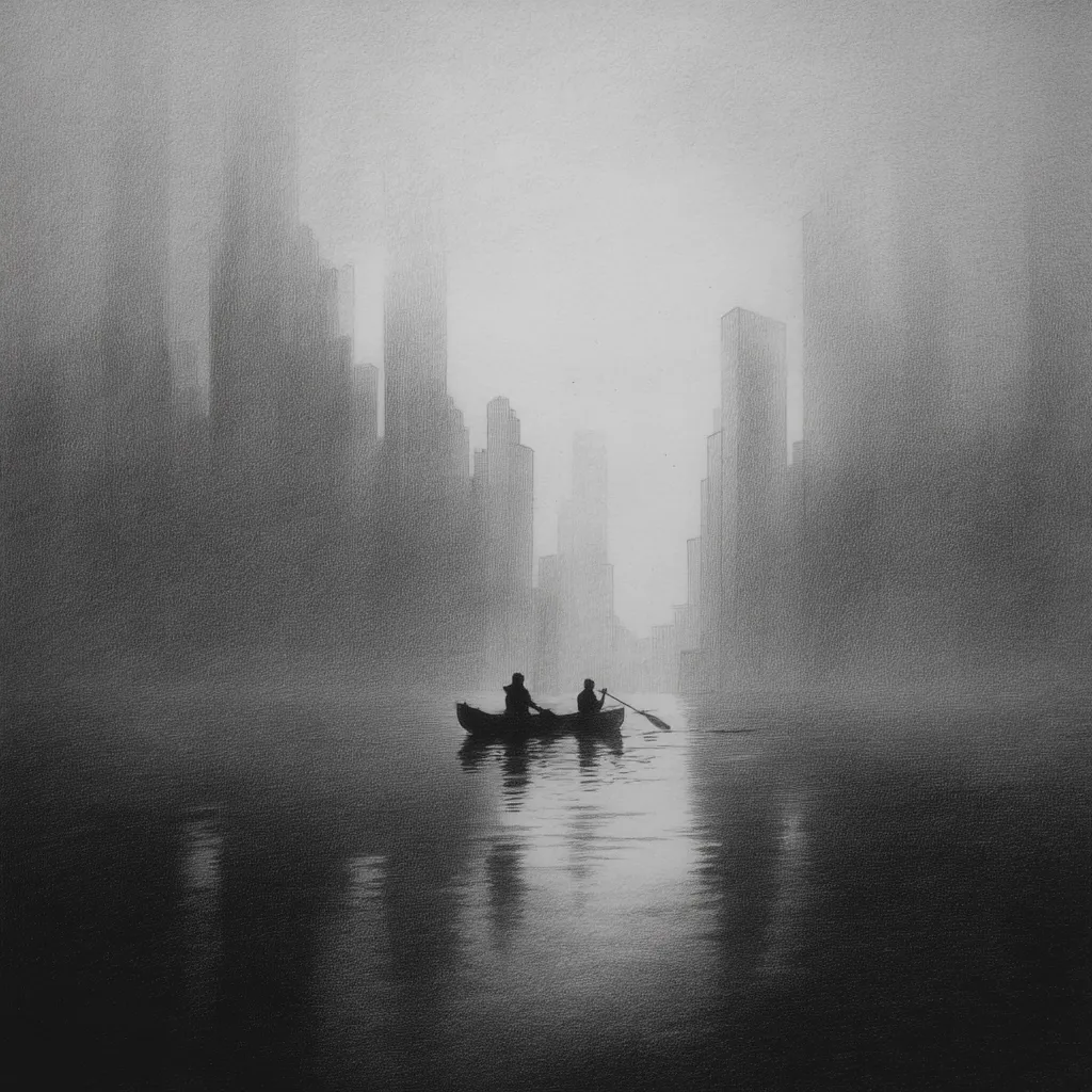 A grayscale drawing depicts two figures in a small rowboat on calm water.  A dense fog obscures a cityscape in the background, the buildings appearing as dark, indistinct shapes. The overall mood is serene yet slightly melancholic, emphasizing the solitude of the figures against the vast, hazy urban backdrop.  The simple composition uses light and shadow to create depth and atmosphere.