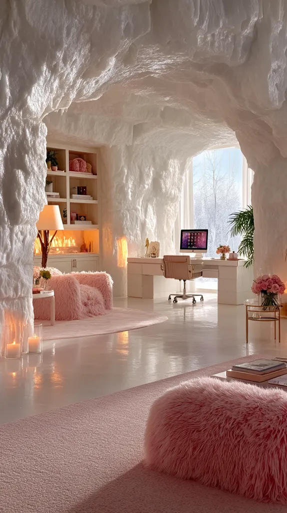 A stunning home office nestled within a sculpted, white, cave-like structure.  Pink fluffy furniture, including a chair and ottoman, contrasts the stark white walls and ceiling. A modern white desk with a computer sits beneath a large window offering a view of winter trees.  Ambient lighting and candles create a cozy and luxurious atmosphere.
