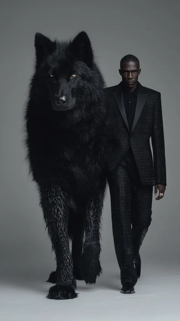 A sharply dressed Black man in a textured black suit walks alongside an imposing black wolf.  The wolf, seemingly wet, has a thick, dark coat. The monochromatic color palette and the pairing of man and animal create a striking, almost surreal image.  The overall mood is somber and stylish.