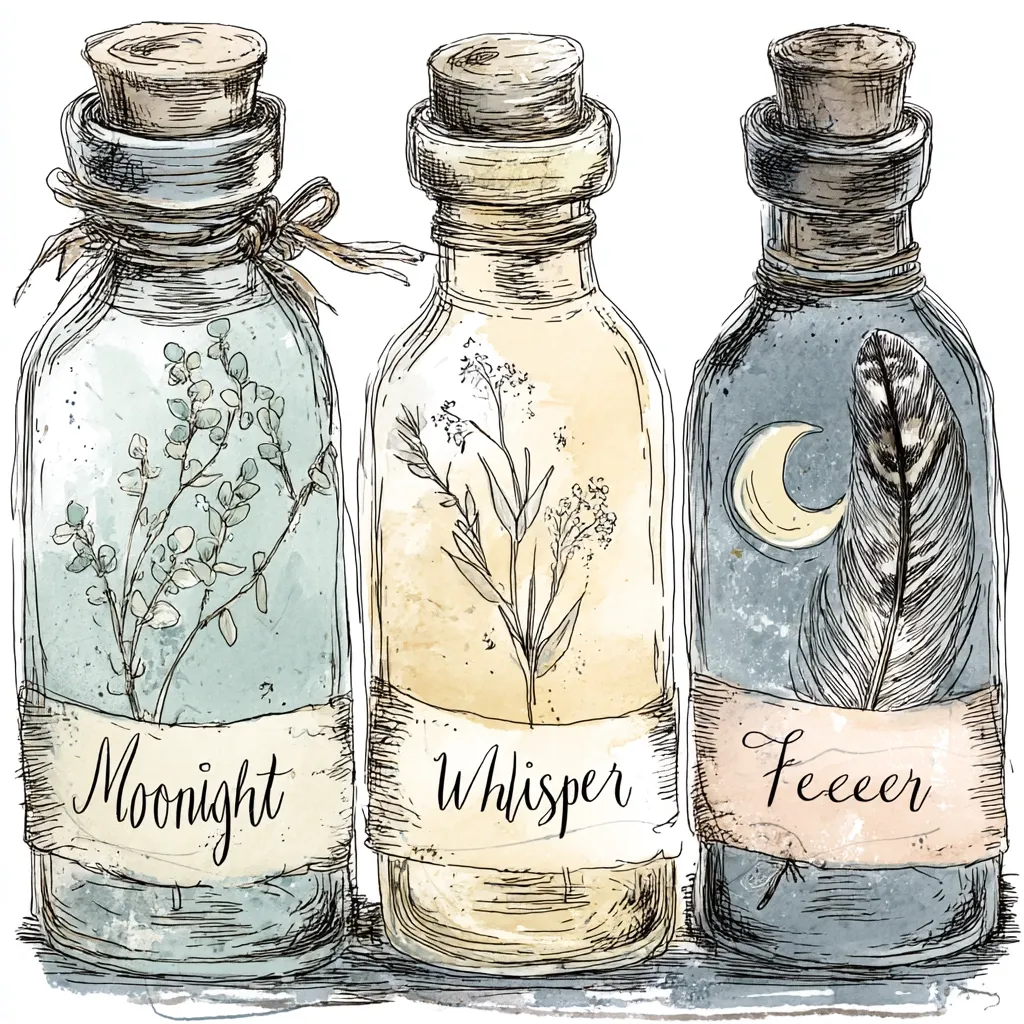 Three antique-style glass bottles are depicted, each containing unique elements and labeled with evocative names. The first, "Moonlight," holds delicate blue-green flora. The second, "Whisper," shows pale yellow wildflowers.  The third, "Feather," contains a feather and crescent moon against a dark blue background.  The bottles are tied with twine and corked, suggesting potions or magical elixirs.