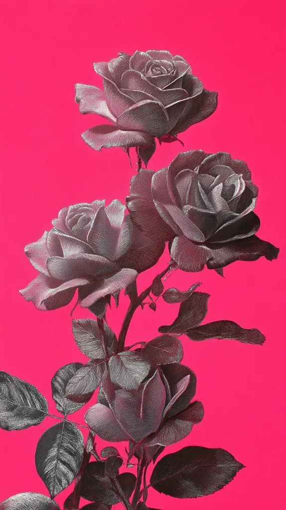 A vibrant pink background showcases a meticulously detailed silver-toned illustration of roses.  The roses, rendered with fine lines suggesting embroidery or etching, are clustered together on a stem with leaves.  The contrast between the bright pink and the silvery grayscale roses creates a striking visual effect. The image is reminiscent of botanical illustration or a stylized floral design.