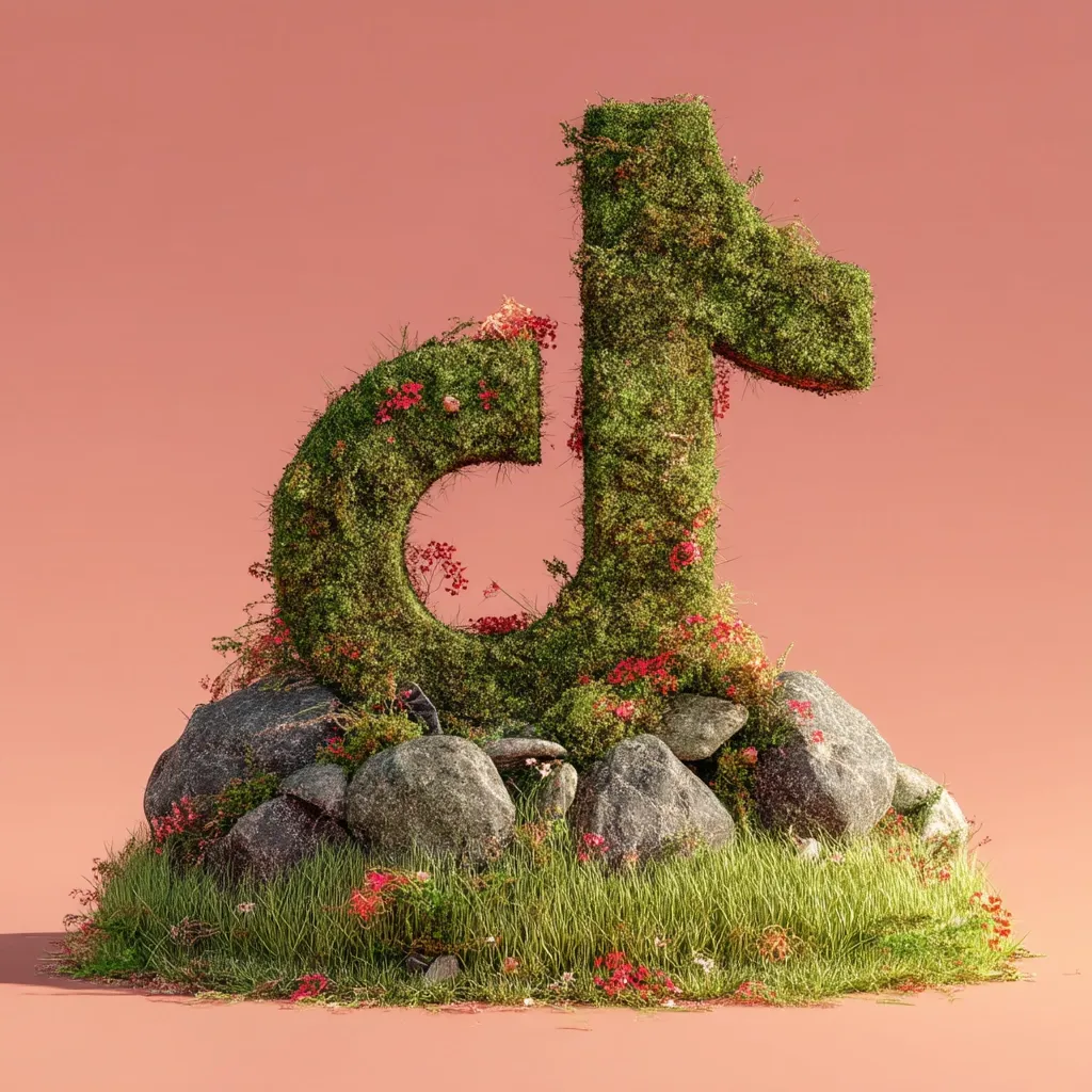A three-dimensional TikTok logo is crafted from lush green moss and vibrant red wildflowers.  The logo rests atop a small, rocky mound covered in grass and wildflowers, creating a naturalistic and idyllic scene against a muted pink background. The image evokes a sense of organic growth and harmony with nature.