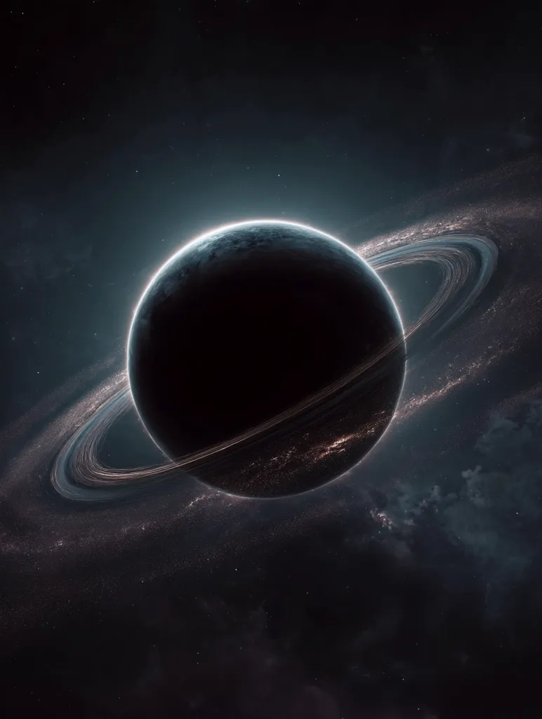 A dark planet with prominent, luminous rings dominates the image.  The planet's surface is largely obscured by shadow, creating a mysterious and awe-inspiring cosmic scene.  The rings are detailed, showing texture and subtle variations in brightness, suggesting depth and complexity. The background is a deep space backdrop speckled with distant stars and nebulae. The overall composition evokes a sense of vastness and the unknown wonders of the universe.