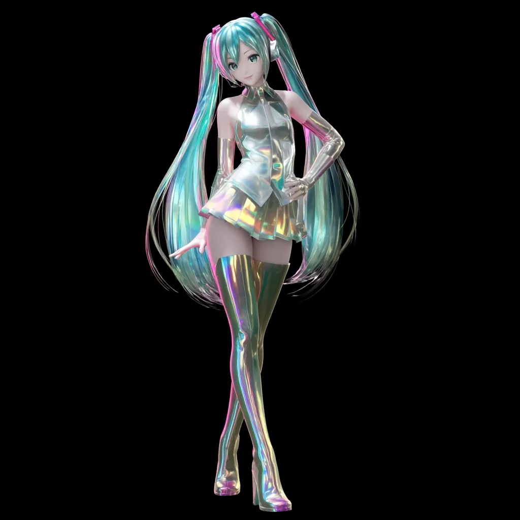 A 3D rendering of a female anime character, Hatsune Miku, is presented against a black background.  She is depicted with long turquoise hair styled in twintails, wearing a shimmering, iridescent silver mini-dress and matching thigh-high boots. Her pose is suggestive of a confident and playful demeanor, with one hand on her hip and the other extended.  The overall aesthetic is futuristic and stylish.