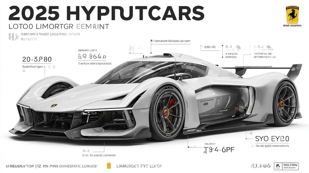 This is a concept design for a 2025 Hypiutcars model, the Lotoo Limortgr Eemain.  The image shows a sleek, white futuristic sports car with detailed specifications including speed, acceleration, and other performance metrics displayed graphically. The design incorporates transparent elements showcasing the engine, and is presented with stylistic text and branding.  A Ferrari logo suggests a possible collaboration or inspiration.