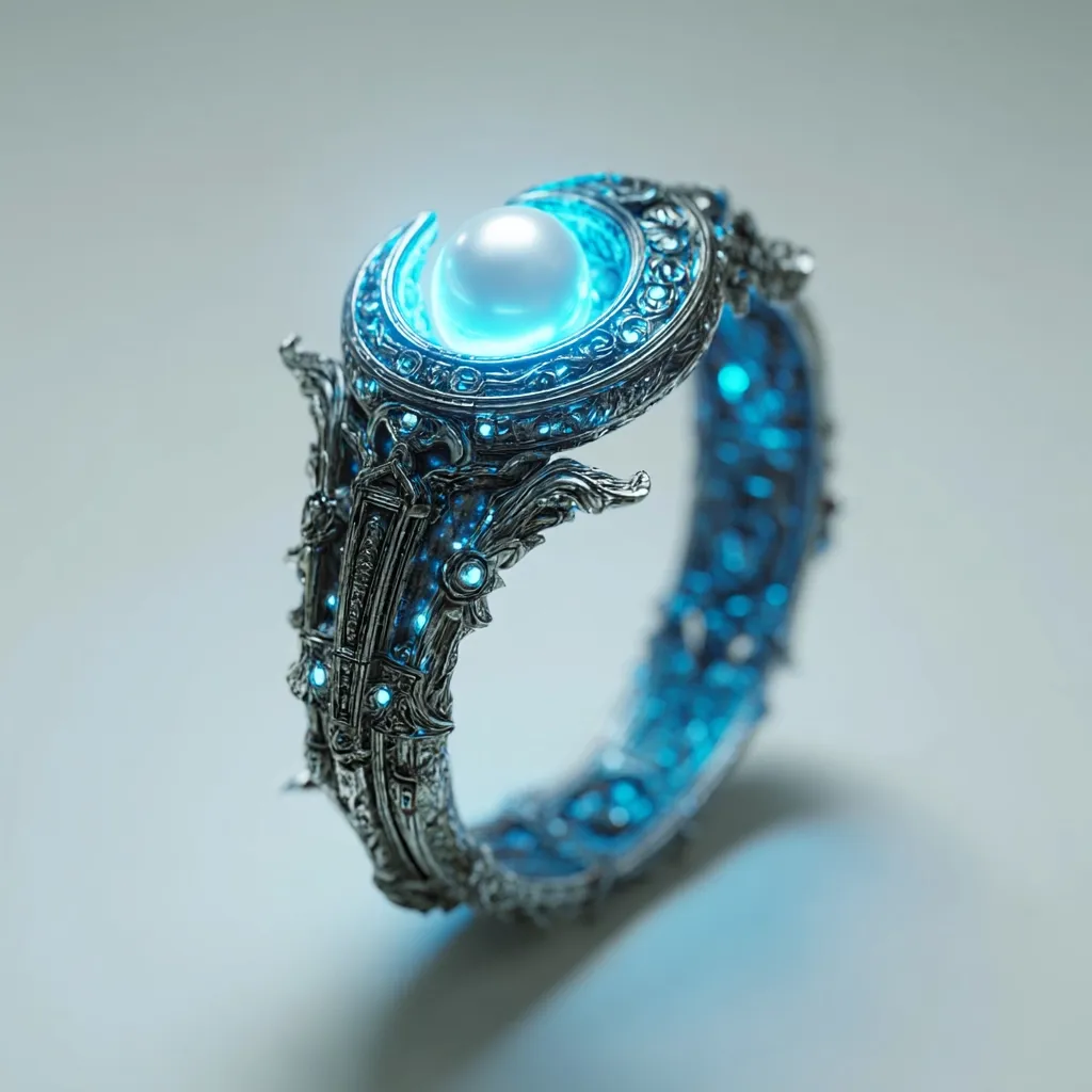 A meticulously crafted ring boasts intricate, silver filigree detailing.  A central, glowing, pearl-like gem is encircled by a crescent-shaped frame, further embellished with smaller, luminous accents along the band. The design is ornate and fantastical, suggestive of a piece from a fictional realm or ancient civilization. The overall effect is one of elegant mystery and ethereal beauty.