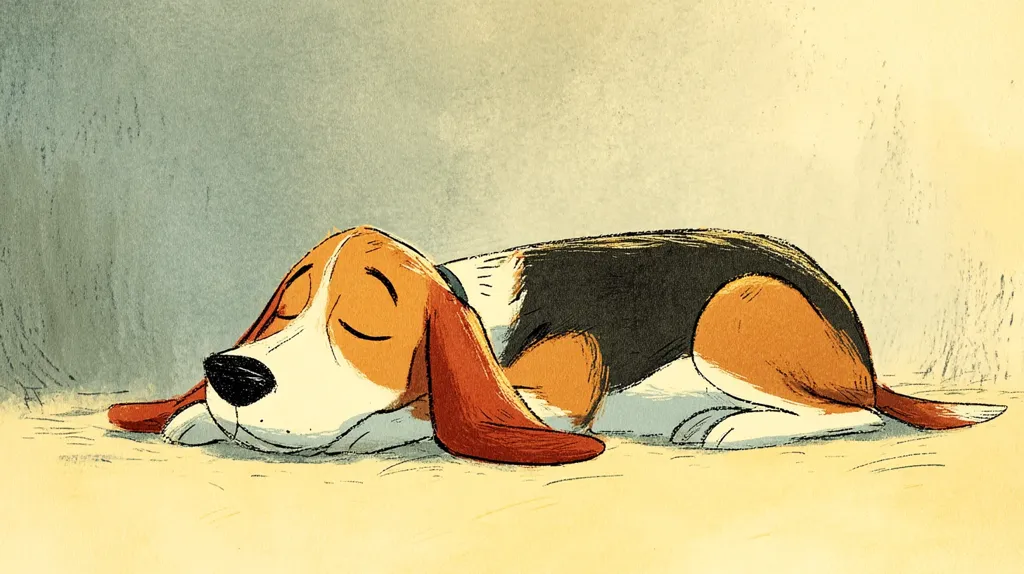 A charming illustration depicts a beagle dog peacefully asleep on a light beige surface.  The dog's eyes are closed, and its head rests on its paws.  The artwork features a soft, painterly style with visible brushstrokes, creating a warm and tender mood. The beagle's tricolor coat—brown, white, and black—is depicted with subtle shading.  The background is a muted greyish-tan, gently fading to lighter tones.
