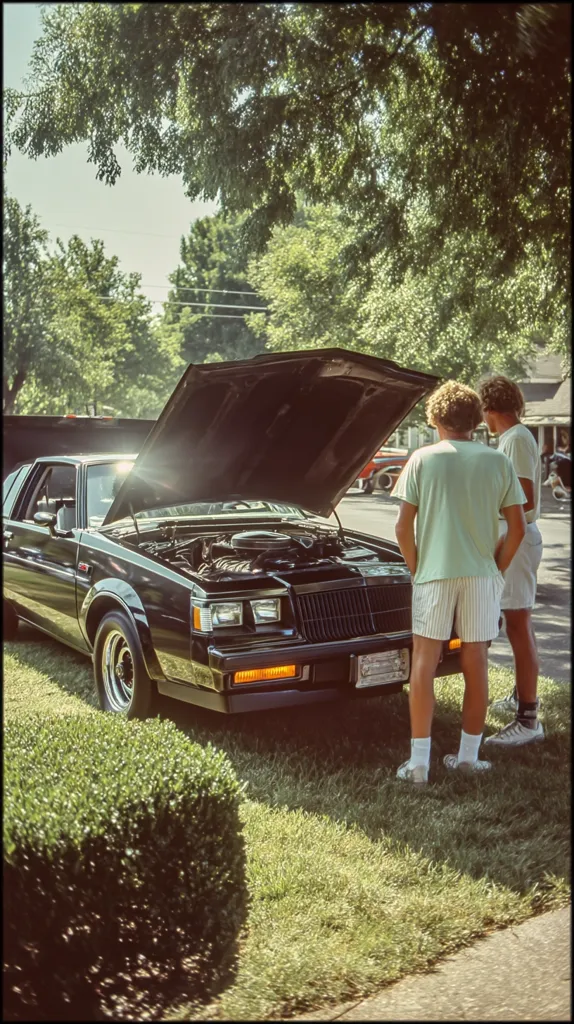 Two young men stand beside a black Buick Grand National with its hood open.  The car is parked on a grassy area near a neatly trimmed hedge.  The setting is suburban, with lush green trees in the background on a sunny day.  The boys appear to be casually inspecting the vehicle's engine.  The overall atmosphere is relaxed and reminiscent of a summer day.