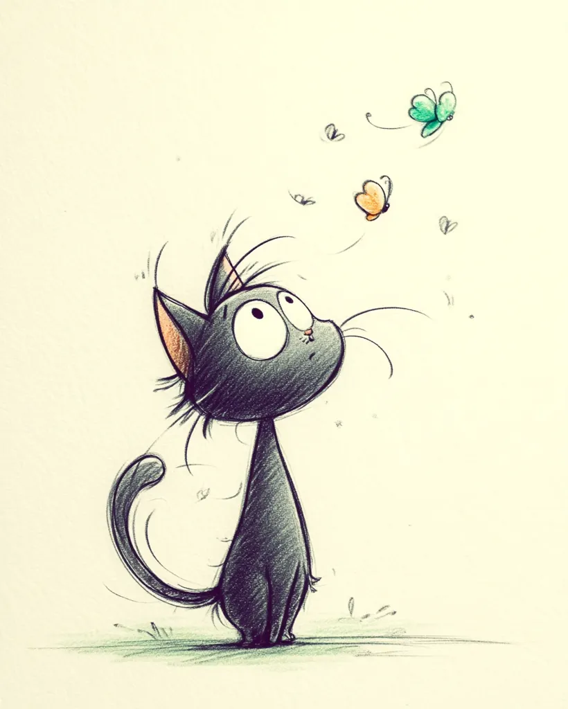 A charming pencil sketch depicts a stylized black cat gazing upward at several fluttering butterflies.  The cat's large eyes and expressive pose convey a sense of wonder and curiosity.  The butterflies, rendered in delicate strokes of color, add a playful touch to the whimsical scene.  The overall style is simple yet captivating, with a lighthearted and endearing quality.