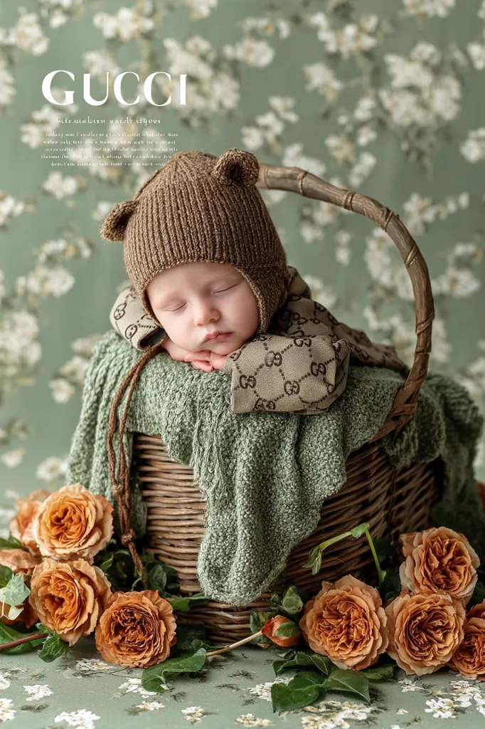 A sleeping infant, dressed in a Gucci-patterned outfit and brown knit bear hat, rests peacefully in a wicker basket.  A sage green knitted blanket envelops the baby.  Surrounding the basket are  clusters of burnt orange roses, all against a backdrop of a delicate floral wallpaper. The image is soft and serene, emphasizing the baby's calm sleep. The "Gucci" logo is prominently displayed.