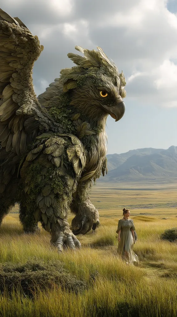 A colossal, feathered creature, resembling a griffin but covered in verdant foliage, stands in a tall-grass field. Its massive talons are planted firmly on the ground.  A woman in a flowing, light green dress walks calmly in the foreground, seemingly unafraid of the giant beast.  Mountains stretch across the horizon under a partly cloudy sky, creating a mystical and surreal landscape.