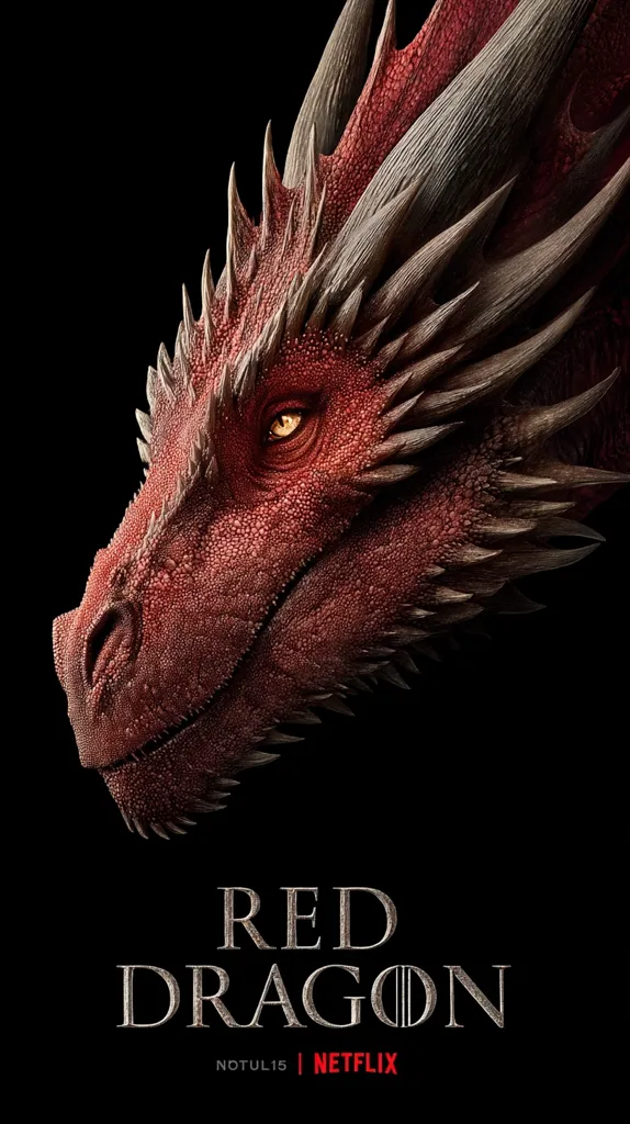 A striking close-up of a red dragon's head dominates the poster for "Red Dragon," a Netflix original.  The dragon's detailed scales, horns, and intense gaze command attention against the stark black background.  The title, "RED DRAGON," is prominently displayed below, with a maturity rating indication. The image conveys a sense of power and mythical grandeur.