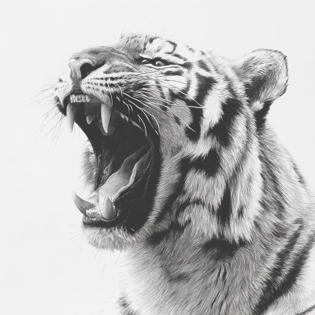 A detailed black and white drawing depicts a tiger's head and shoulders.  The tiger's mouth is wide open, revealing sharp teeth, and its whiskers are prominently displayed.  The artist skillfully renders the texture of the tiger's fur, creating a sense of depth and realism.  The image evokes a feeling of power and wildness.