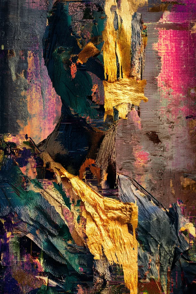 An abstract portrait, rendered in vibrant hues of teal, gold, and crimson.  Thick, impasto brushstrokes create a textured surface, obscuring the subject's face with gold streaks. The figure's form is suggested through bold strokes and color blocking, suggesting a sense of mystery and hidden identity. The overall effect is one of both power and vulnerability.