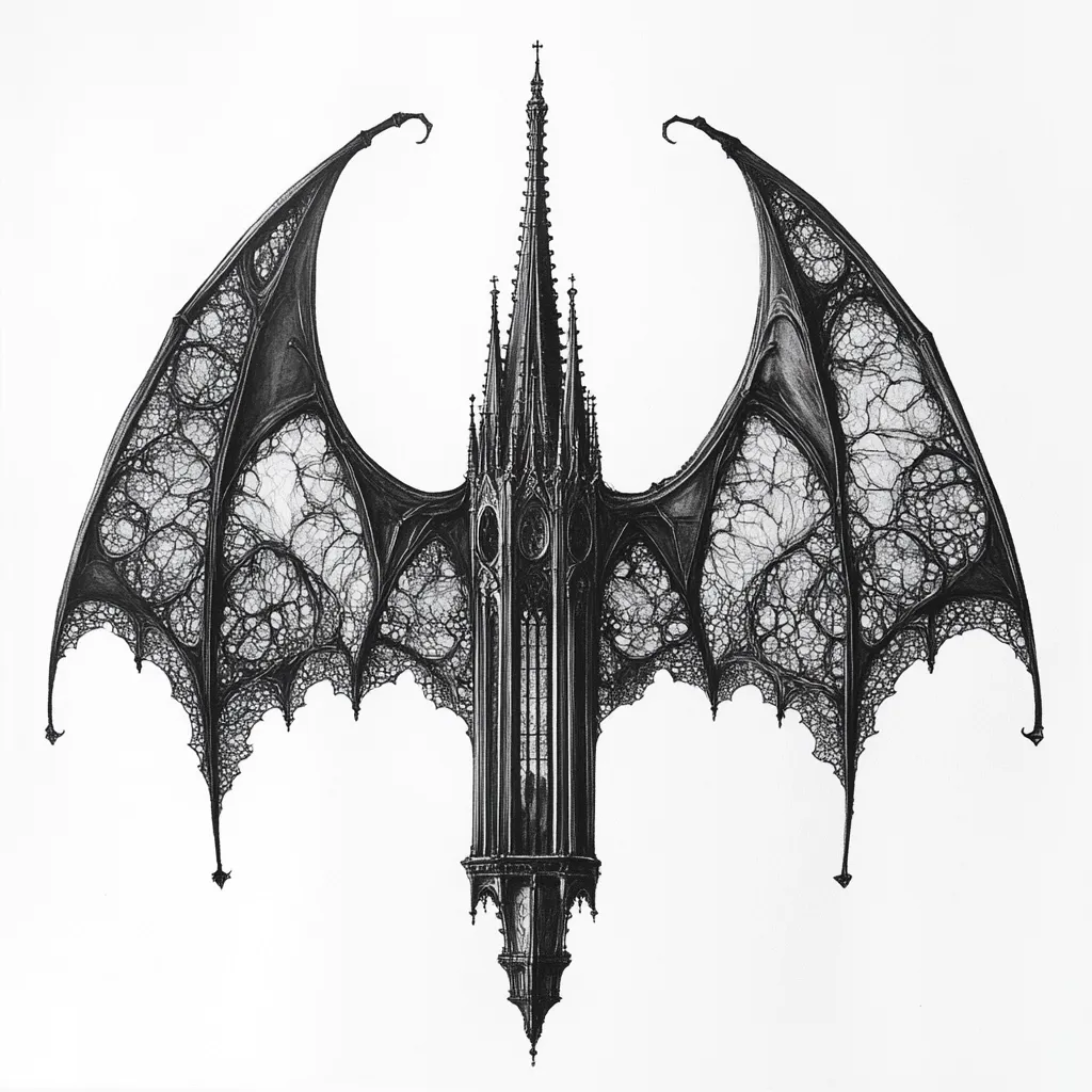 A detailed black and white drawing depicts a Gothic church spire fused with a bat's wings.  The intricate wing structure, rendered with delicate lines and shading, creates a sense of dark fantasy. The church's architectural details are equally precise, enhancing the contrast between sacred and sinister elements. The overall image is striking and surreal, suggesting a blend of religious and demonic imagery.