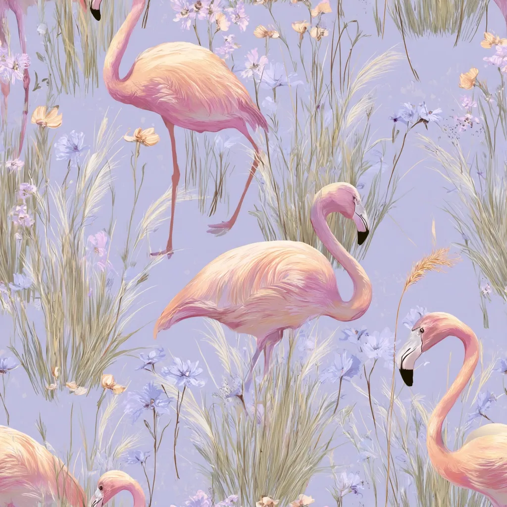 A seamless pattern featuring pink flamingos amidst a field of tall grasses and delicate wildflowers.  The pastel palette of purples, pinks, and beige creates a serene and elegant design.  The flamingos are depicted with soft, painterly strokes, adding a touch of artistic flair to the natural scene.  The overall impression is one of tranquility and beauty.