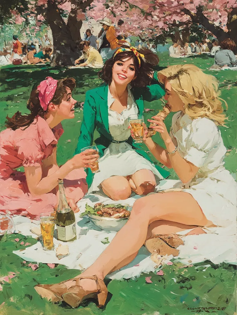 Three young women enjoy a sunny picnic under a blossoming tree.  They are dressed in stylish 1960s attire, sharing drinks and food on a white tablecloth spread on the grass.  A festive atmosphere is depicted, with the women laughing and interacting in a cheerful outdoor setting.  The vibrant colors and loose brushstrokes create a lively and energetic scene.