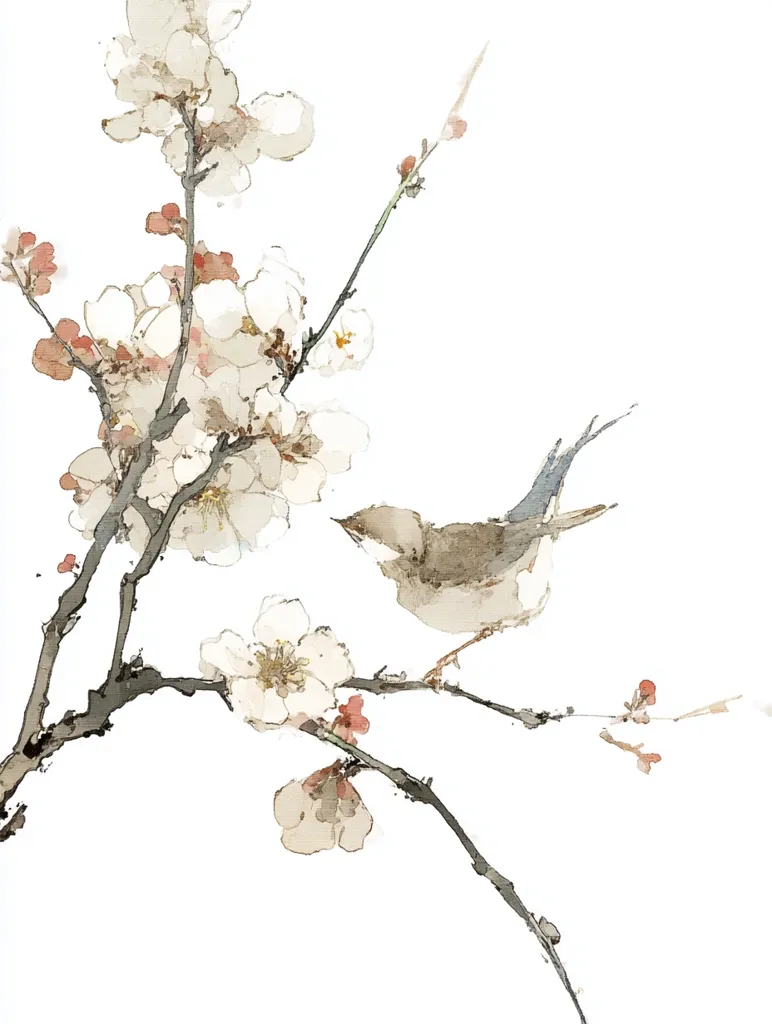 A delicate watercolor painting depicts a small bird perched on a blossoming plum branch.  The pale blossoms are rendered with soft washes of white and beige, contrasting with the darker tones of the branches and the bird's muted brown and grey plumage. The style evokes a sense of tranquility and natural beauty, reminiscent of East Asian art.  The composition is simple yet elegant, emphasizing the delicate interaction between bird and flower.