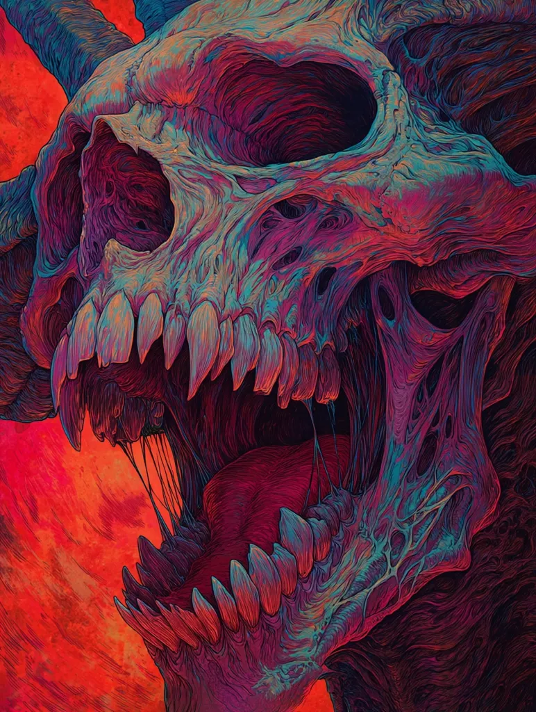 A vibrant, detailed close-up of a demonic skull.  Rendered in a surreal style, the skull is predominantly dark reds and blues, with intricate detailing emphasizing texture and decay. The gaping maw reveals sharp, numerous teeth, and the overall effect is one of grotesque beauty and unsettling power against a fiery red background. The image has a strong artistic, almost psychedelic quality.