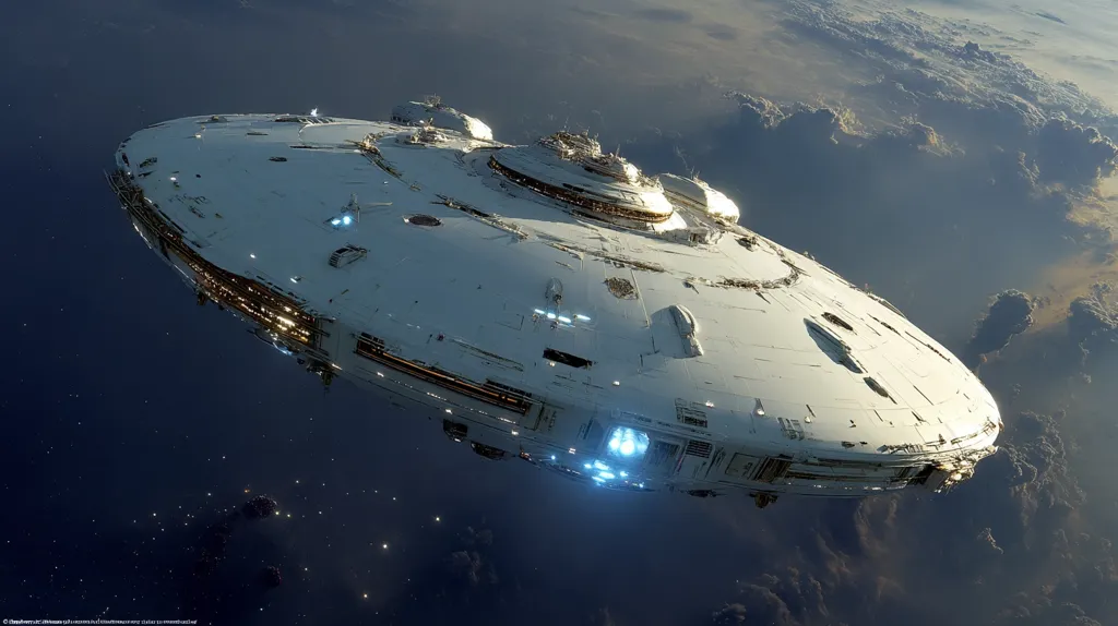 A large, disc-shaped spacecraft floats in space above a cloudy planet.  Its predominantly white hull features intricate details and glowing blue lights.  The ship appears sleek and technologically advanced, suggesting a futuristic design. The background showcases a vast, dark expanse of space speckled with stars. The scene is rendered with high detail and realism.