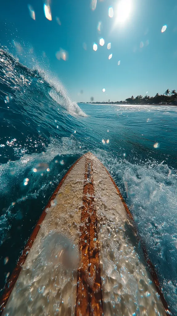 A surfer's perspective, riding a wave.  The surfboard's nose points towards a bright sun in a clear blue sky.  Ocean spray covers the board as the wave breaks around it. A distant shoreline is visible, with palm trees hinting at a tropical location. The vibrant turquoise water is filled with bubbles and light. The scene evokes a feeling of exhilarating freedom and energy.